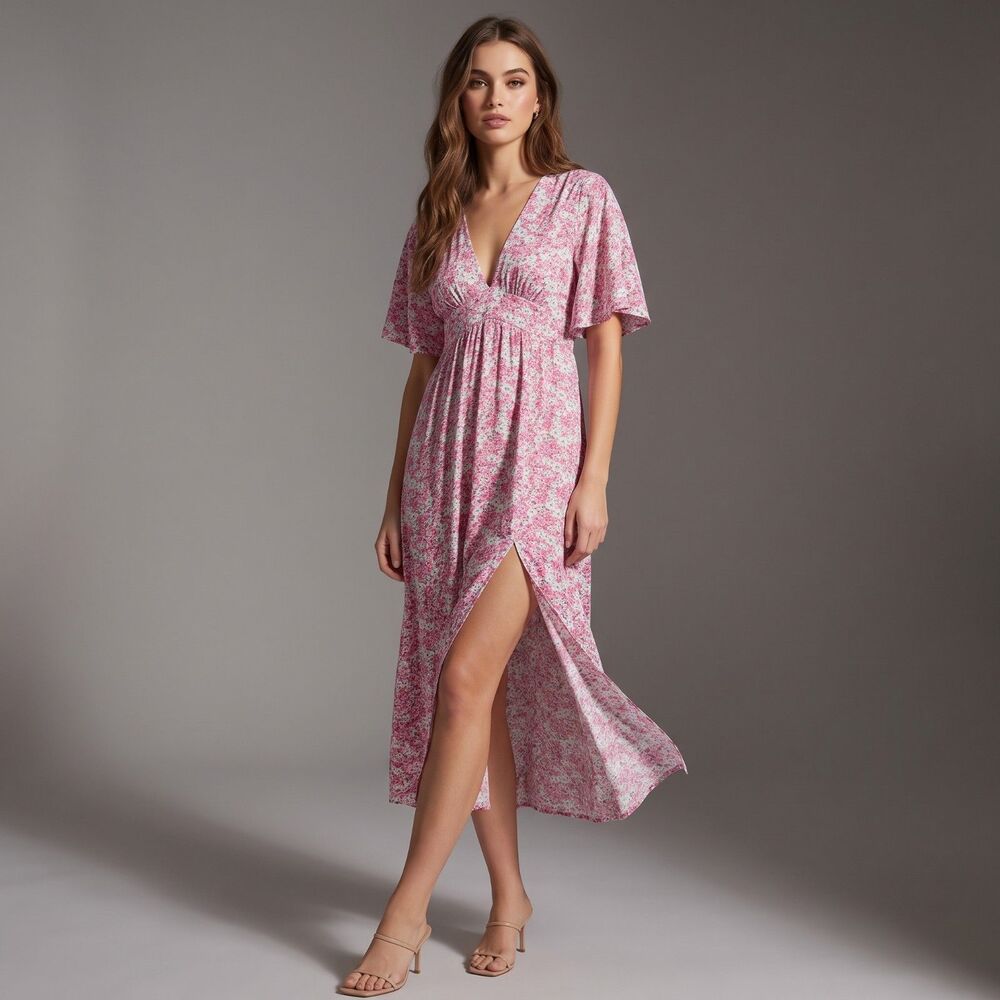 SHEIN Pink Floral Dress Women’s Size L – Front Slit, Flowy Summer Midi Dress